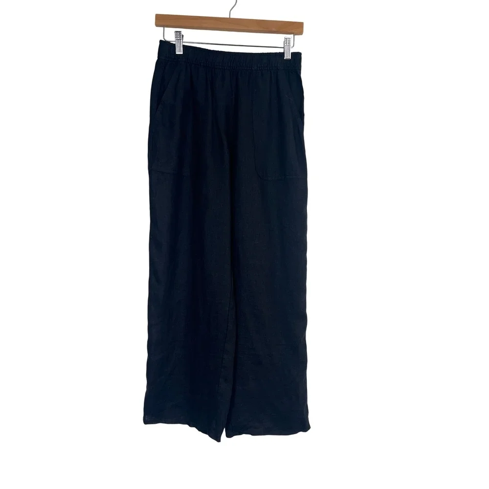 Zara Black Linen Blend Wide Leg Elastic Waist Pants Small Casual Coastal
